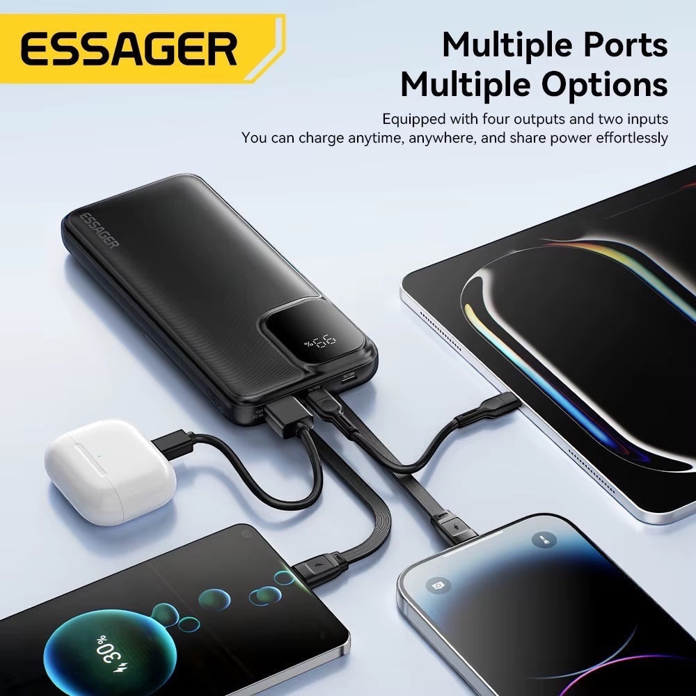 Batterie externe Levko 10000mAh noire avec câbles intégrés, écran numérique et charge rapide pour smartphone et tablette