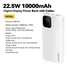 Batterie externe Levko blanche 10000mAh avec câbles intégrés, écran numérique et charge rapide 22.5W