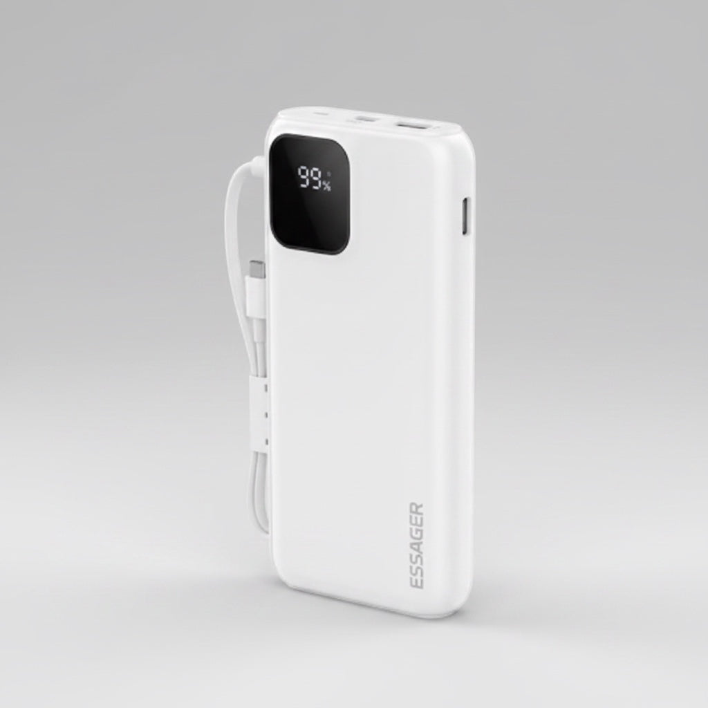Batterie externe Levko 10000mAh blanche compacte avec écran numérique et câbles intégrés pour charge rapide