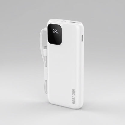 Batterie externe Levko 10000mAh blanche compacte avec écran numérique et câbles intégrés pour charge rapide