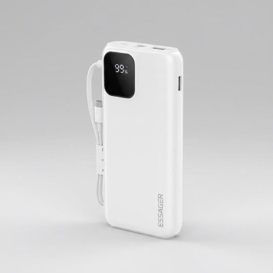 Batterie externe Levko 10000mAh blanche compacte avec écran numérique et câbles intégrés pour charge rapide