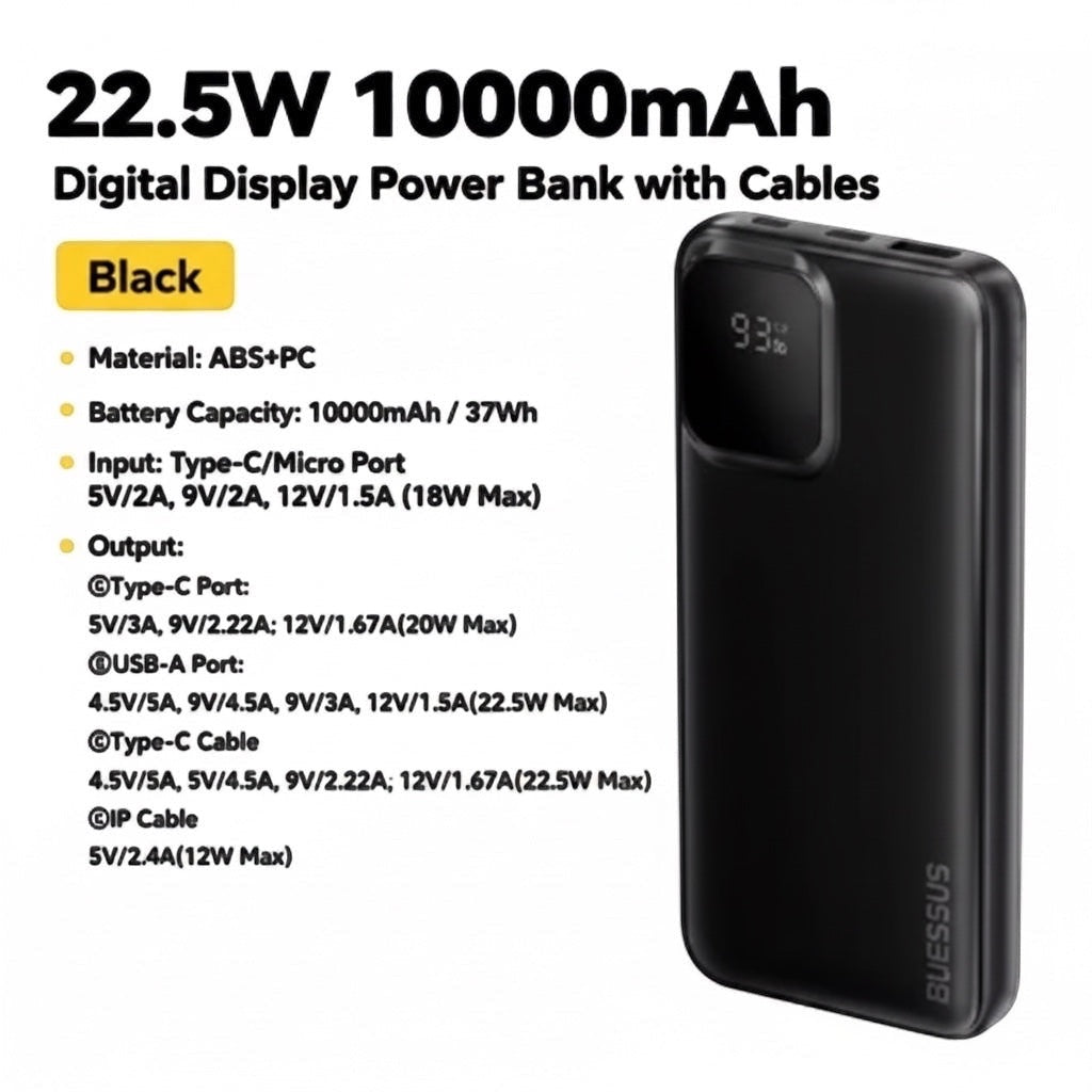 Batterie externe Levko noire 10000mAh avec câbles intégrés, écran numérique et charge rapide 22.5W