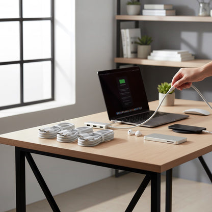Lot de 3 câbles USB-C Levko tressés blancs pour charge rapide 100W sur un bureau moderne