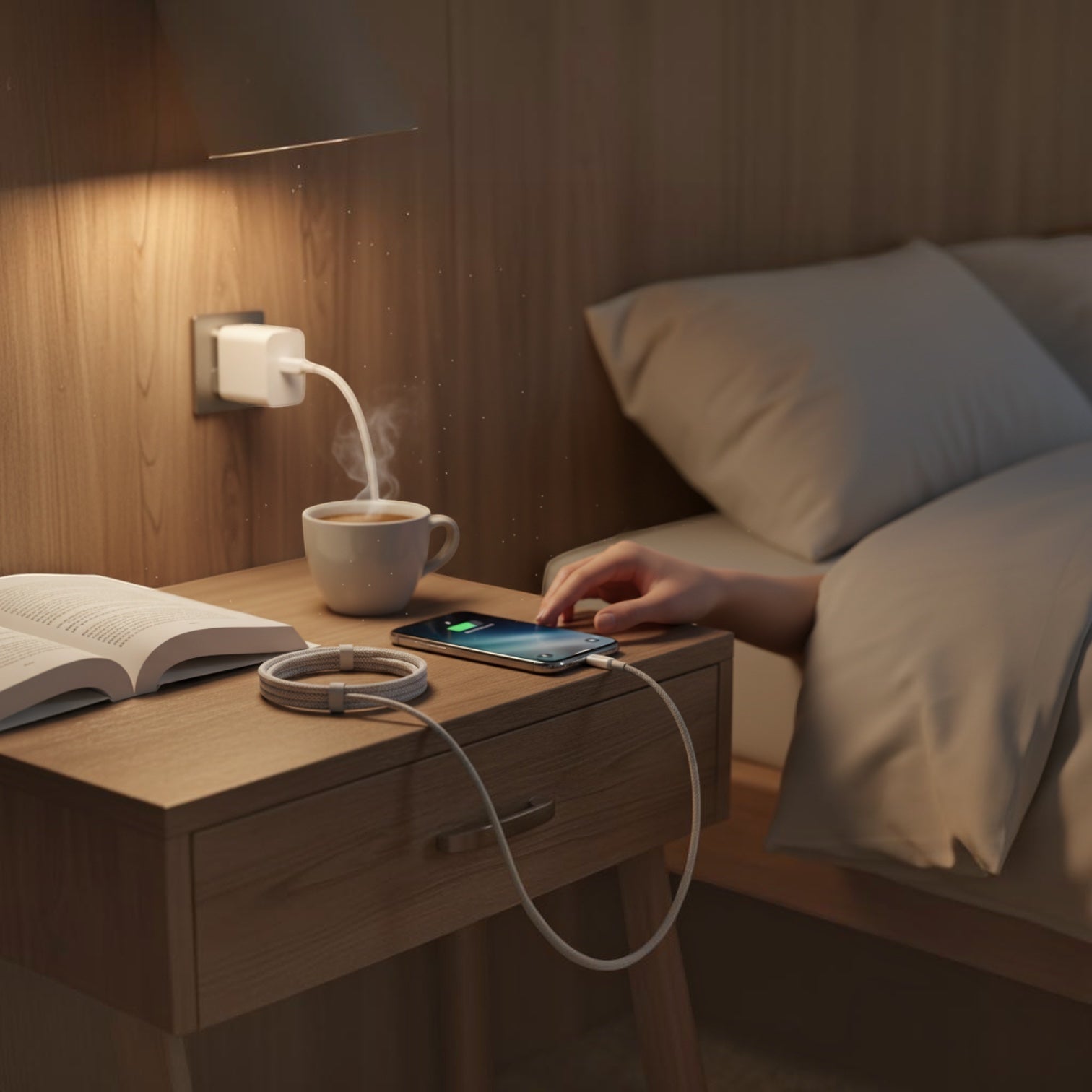 Lot de 3 câbles USB-C Levko 100W enroulés sur une table de chevet près d'un smartphone en charge rapide