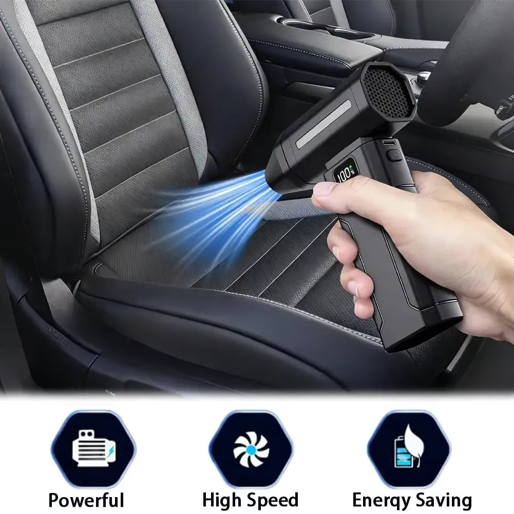 Souffleur d'air électrique rechargeable Levko noir mat nettoyant un siège de voiture avec écran LED de batterie