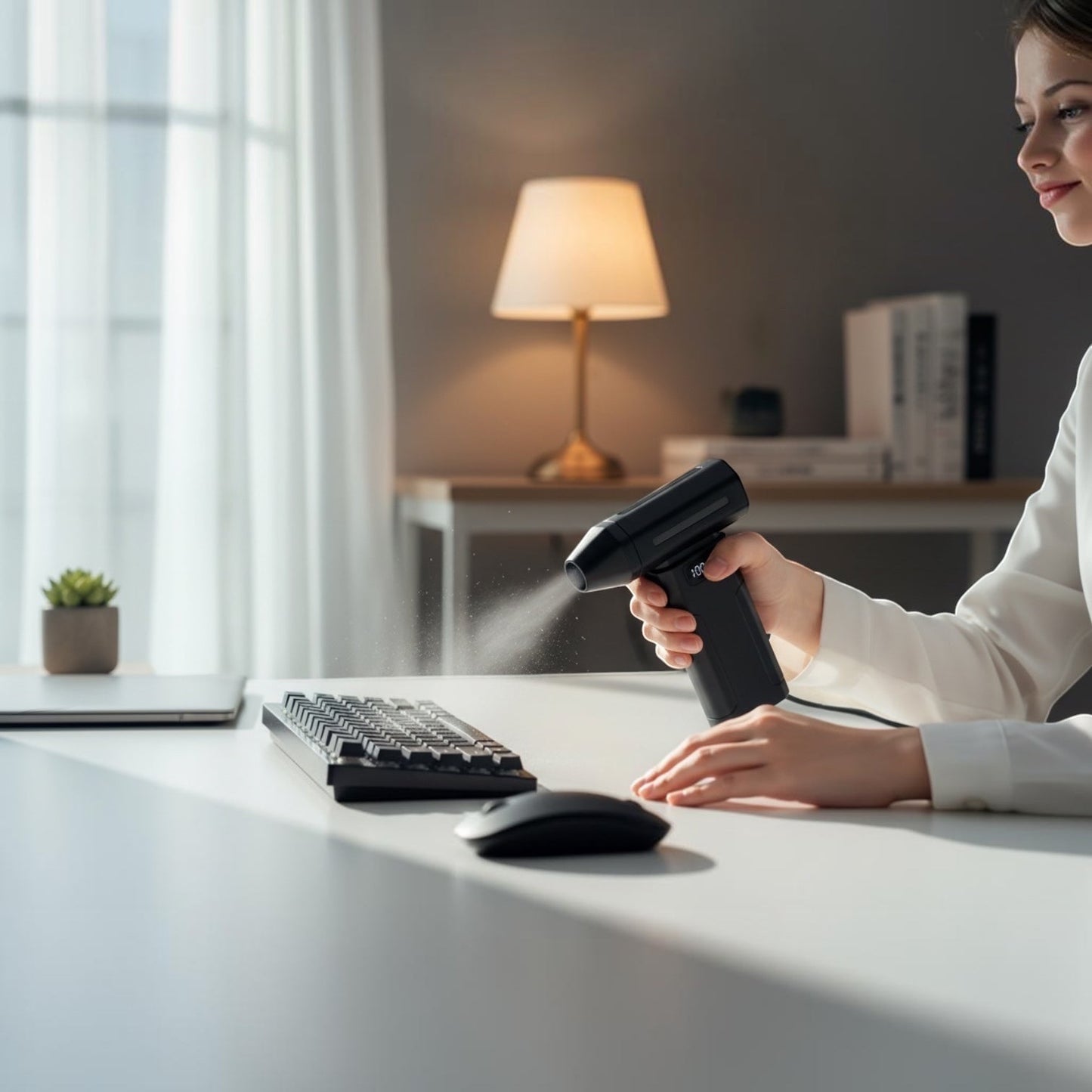 Femme utilisant un souffleur d'air électrique portable Levko noir pour nettoyer un clavier d'ordinateur sur un bureau