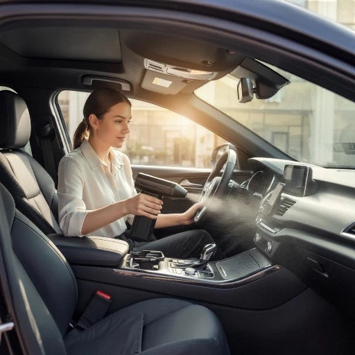 Femme utilisant un souffleur d'air électrique portable Levko pour nettoyer le tableau de bord d'une voiture