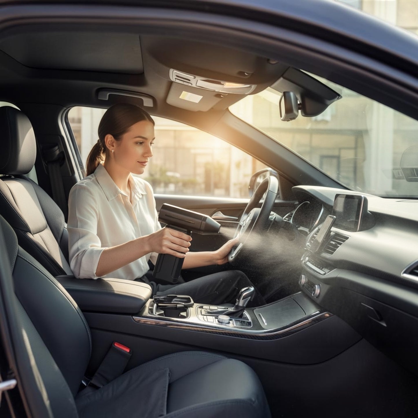 Femme utilisant un souffleur d'air électrique portable Levko noir pour nettoyer le tableau de bord d'une voiture